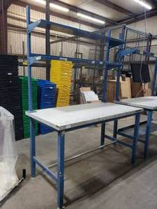 lot 57 image: Global Industries Adjustable Height Workstation w Bottom Shelf, 2 Top Shelves & Power Station.  Top Measures 60 x 30