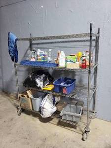 lot 120 image: Rolling Metal Shelf w Contents.  Includes Everything Pictured.