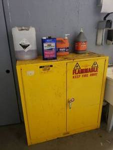 lot 126 image: Lare Justrite Flammable Liquid Storage Cabinet w Contents.  BUYER TAKES ALL