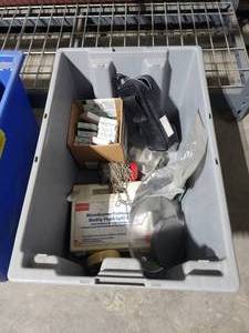 lot 130 image: Tub of Misc Contents.  Includes Spray Nozzle, Chain, Test Kits, Sensidyne Model 800 Gastec Pump & MORE.  Tub Included.  BUYER TAKES ALL