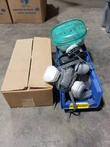 lot 139 image: Tub of Respirators & Replacement Filters.  Also Includes Box Full of Filters.  Tub Included.