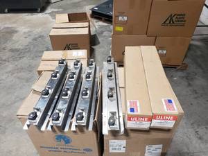 lot 141 image: Lot of 6 Uline Wall Mount Stainless Steel MopBroom Holders.  2 Are New In Box.
