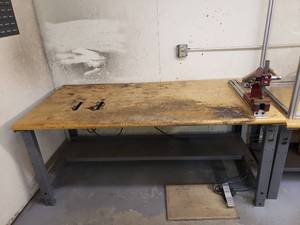 lot 157 image: Pneumatic Northern Industrial Arbor Press Mounted to Uline Wood Top Table.  Includes Foot Control for Pneumatic Piston