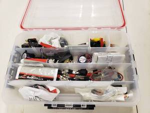 lot 190 image: Plano Watertight Compartment Full of Misc Electrical Clamps, Switches, Buzzers & More.