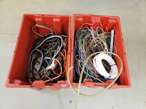 lot 208 image: 2 Tubs of Misc Wire & Power Cords.  Tubs are Included.