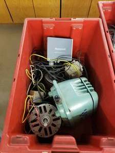 lot 218 image: Tub of Misc Electrical Motors & More.  Includes Honeywell Scientific Midas, Hiblow HP 80 & More.
