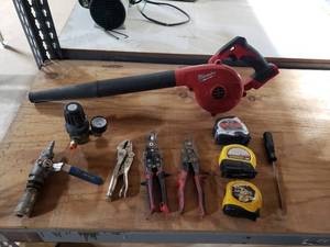 lot 225 image: Lot of Misc Tools.  Measuring Tapes, Snips, Blower & More.