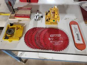lot 250 image: Lot of Misc Table Saw Accessories & Parts.  Includes Diable 10 Saws (Qty 6), Zero Clearance Insert, Feather Boards, Clamps & More