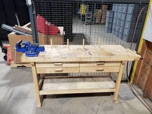 lot 267 image: Wooden 4-Drawer Work Bench w Side Vise & Attached Central Forge 6 Swivel Vise w Anvil