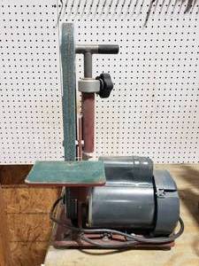 lot 270 image: Benchtop Metal Belt Grinder w Marathon .5HP Motor