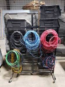 lot 289 image: Rolling Metal Shelf w Electrical Wire & Misc Electrical Parts.  EVERYTHING ON THE CART IS INCLUDED.  BUYER TAKES ALL