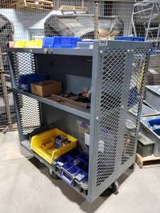 lot 290 image: Rolling Durham Manufacturing Industrial Cart w Contents.  EVERYTHING ON THE CART IS INCLUDED.  BUYER TAKES ALL