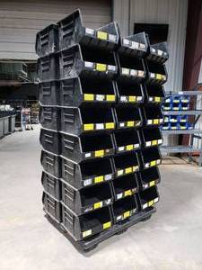 lot 330 image: Pallet of 48 Uline S-12422 Black Stackable Bins.  Each Bin Measures 18 x 16.5 x 11