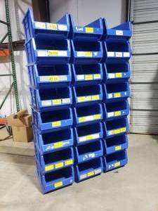 lot 339 image: Stack of 24 Uline H-3053 Blue Stackable Magnum Hopper Bins.  Each Bin Measures 24 x 17 x 11