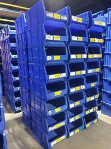 lot 345 image: Pallet of 48 Uline H-3053 Blue Stackable Magnum Hopper Bins.  Each Bin Measures 24 x 17 x 11