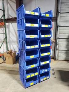 lot 335 image: Stack of 16 Uline H-3053 Blue Stackable Magnum Hopper Bins.  Each Bin Measures 24 x 17 x 11