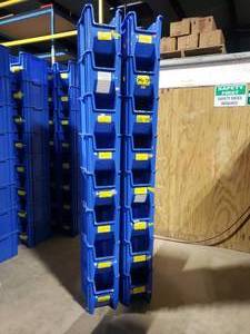 lot 349 image: Stack of 16 Uline S-12550 Blue Giant Stackable Bins.  Each Bin Measures 17.5 x 11 x 12.5