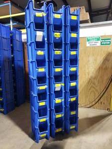 lot 355 image: Stack of 24 Uline S-12550 Blue Giant Stackable Bins.  Each Bin Measures 17.5 x 11 x 12.5