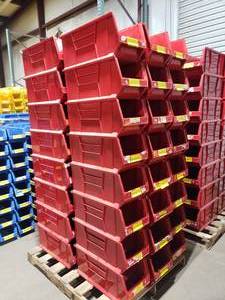 lot 411 image: Pallet of 48 Uline H-3052 Red Magnum Hopper Stackable Bins.  Each Bin Measures 24 x 11 x 10