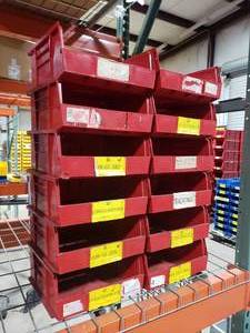 lot 416 image: Stack of 10 Quantum Storage Systems Ultra 235 QUS235 Red Stack & Hang Bins.  Each Bin Measures 10 78 x 11 x 5