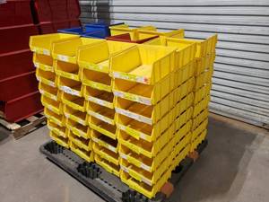 lot 420 image: Pallet of 96 Quantum Storage Systems Ultra 235 QUS235 Stack & Hang Bins.  Each Bin Measures 10 78 x 11 x 5.  Mixed colors (Yellow, Red & Blue).  Might be some Uline, Global and Akro bins mixed in but they are all the same size.