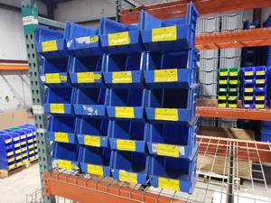 lot 424 image: Stack of 20 Quantum Storage Systems QUS239 Blue Stack & Hang Bins.  Each Bin Measures 10 34 x 8 14 x 7
