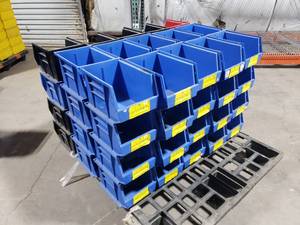 lot 426 image: Pallet of 60 Quantum Storage Systems QUS239 Blue, Red & Black Stack & Hang Bins.  Each Bin Measures 10 34 x 8 14 x 7