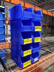lot 427 image: Stack of 10 Uline S-12415 Blue Stacking & Hanging Bins.  Each Bin Measures 11 x 5 12 x 5
