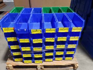 lot 435 image: Stack of 60 Uline S-12415 Blue & Green Stacking & Hanging Bins.  Each Bin Measures 11 x 5 12 x 5