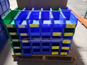 lot 436 image: Stack of 60 Uline S-12415 Blue & Green Stacking & Hanging Bins.  Each Bin Measures 11 x 5 12 x 5