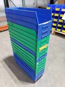 lot 450 image: Stack of 17 Quantum Storage QSB204 Green & Blue Systems Nesting Shelf Bins.  Each Bin Measures 17 78 x 6 58 x 6