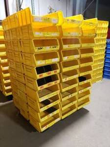 lot 379 image: Pallet of 90 Uline S-12420 Yellow Stackable Bins.  Each Bin Measures 15 x 16.5 x 7.  Also might be a few Akro Bins, Global or Quantum bins mixed in but they are all the same dimensions.