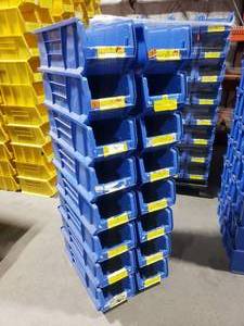 lot 388 image: Stack of 16 Quantum Storage Systems Stackable Bins QUS 950 Hulk Containers.  Each Bin Measures 23 78 x 8.25 x 7
