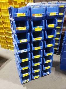 lot 391 image: Stack of 24 Quantum Storage Systems Stackable Bins QUS 950 Hulk Containers.  Each Bin Measures 23 78 x 8.25 x 7