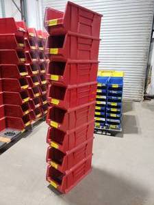 lot 404 image: Stack of 8 Uline H-3052 Red Magnum Hopper Stackable Bins.  Each Bin Measures 24 x 11 x 10