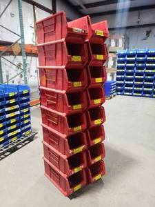 lot 410 image: Stack of 16 Uline H-3052 Red Magnum Hopper Stackable Bins.  Each Bin Measures 24 x 11 x 10