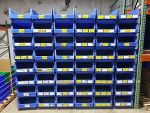 lot 440 image: Pallet of 48 Uline H-3053 Blue Stackable Magnum Hopper Bins.  Each Bin Measures 24 x 17 x 11