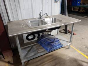 lot 470 image: Steel Table w Double Basin Shop Sink & Faucet