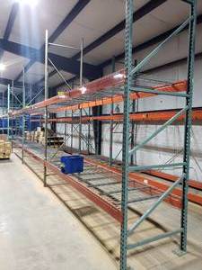 lot 475 image: 3 Sections of Industrial Pallet Racking.  Each Section is 126 x 42 & Includes Heavy Duty Wire Racking. 1 vertical beam is 12 tall & 3 vertical beams are 14 tall.