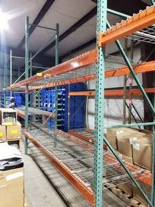 lot 476 image: 3 Sections of Industrial Pallet Racking.  Each Section is 126 x 42 & Includes Heavy Duty Wire Racking.  All 4 vertical beams are 14 tall.