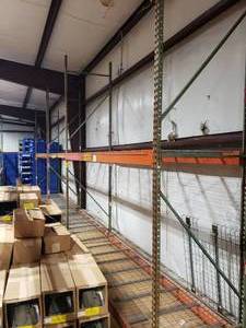 lot 478 image: 3 Sections of Industrial Pallet Racking.  Double Section is 126 & 96.  Single Section is 126.  All are 42 Wide & Includes Heavy Duty Wire Racking.  All vertical beams in this lot are 14 tall.