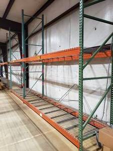lot 477 image: 2 Sections of Industrial Pallet Racking.  Measures 126 x 42 & 96 x 42. 1 vertical beam is 12 tall & the other 2 are 14 tall.