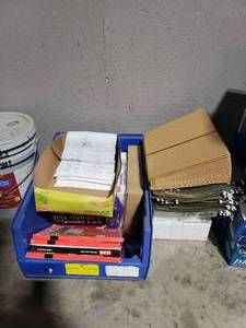 lot 605 image: Lot of Misc Office Supplies.  Includes Envelopes, Letter Stencils, Paper, Blank Postcards, According File & File Cabinet Hanging Dividers