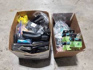 lot 610 image: 2 Boxes FULL of Misc Office Supplies.  Staplers, Highlighters, Badge Carriers, Binder Clips & MORE
