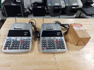lot 611 image: Lot of 2 Electronic Calculators.  Canon MP18DII & Canon MP11DX w Box of Uline Calculator Paper