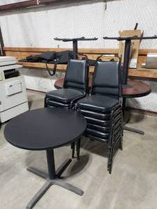 lot 668 image: Lot of 5 Black Round Restaurant Style Tables w 12 Black Stacking Chairs