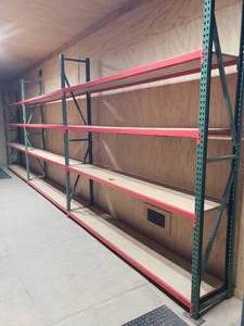 lot 774 image: 3 Section Industrial Shelving Rack.  Each Section Has 4 Shelves.  96 x 96 x 18