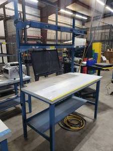 lot 76 image: Global Industries Adjustable Height Workstation w Bottom Shelf, Drawer, Top Shelf, Computer Monitor w Mount & Power Station. Top Measures 60 x 30