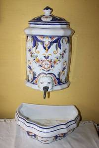 lot 4 image: Antique European ceramic water fountain - 2 parts. Signed Rouen Fait Main