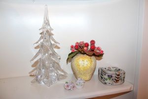 lot 39 image: Lead crystal tree 10, Hand painted Lefton dishes, Sugared faux apple and delicate napkin rings